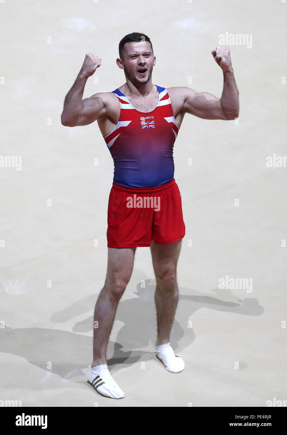 Great Britain's Dominick Cunningham after competing on the floor in the Men's Apparatus Final during day eleven of the 2018 European Championships at The SSE Hydro, Glasgow. Stock Photo