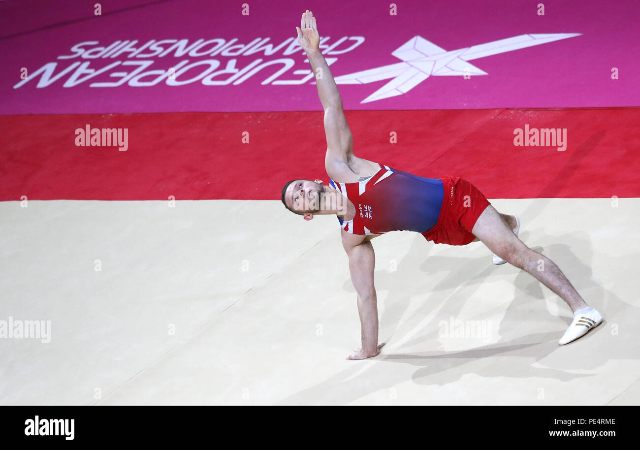 Great Britain's Dominick Cunningham on the floor in the Men's Apparatus Final during day eleven of the 2018 European Championships at The SSE Hydro, Glasgow. Stock Photo