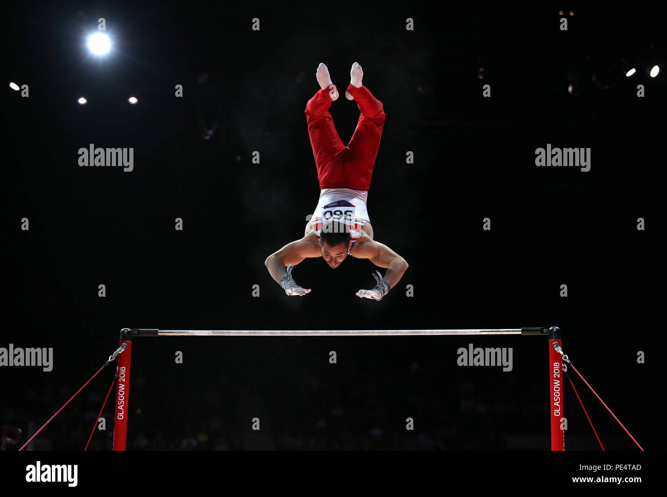 Great Britain's James Hall competes on the horizontal bar in the Men's Apparatus Final during day eleven of the 2018 European Championships at The SSE Hydro, Glasgow. Stock Photo