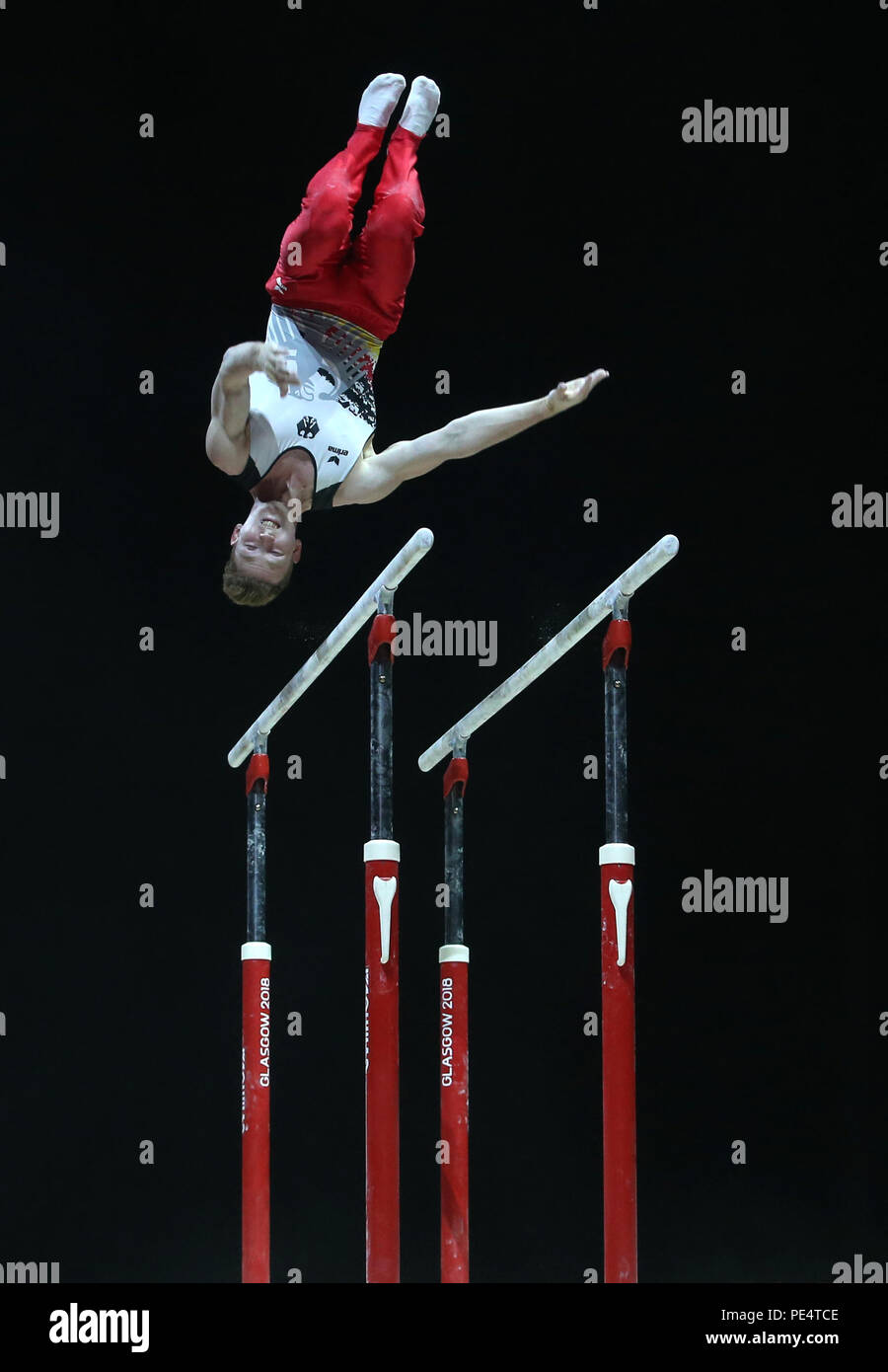 Germany's Nils Dunkel competes on the parallel bars in the Men's Apparatus Final during day eleven of the 2018 European Championships at The SSE Hydro, Glasgow. PRESS ASSOCIATION Photo. Picture date: Sunday August 12, 2018. See PA story GYMNASTICS European. Photo credit should read: Jane Barlow/PA Wire. RESTRICTIONS: Editorial use only, no commercial use without prior permission Stock Photo