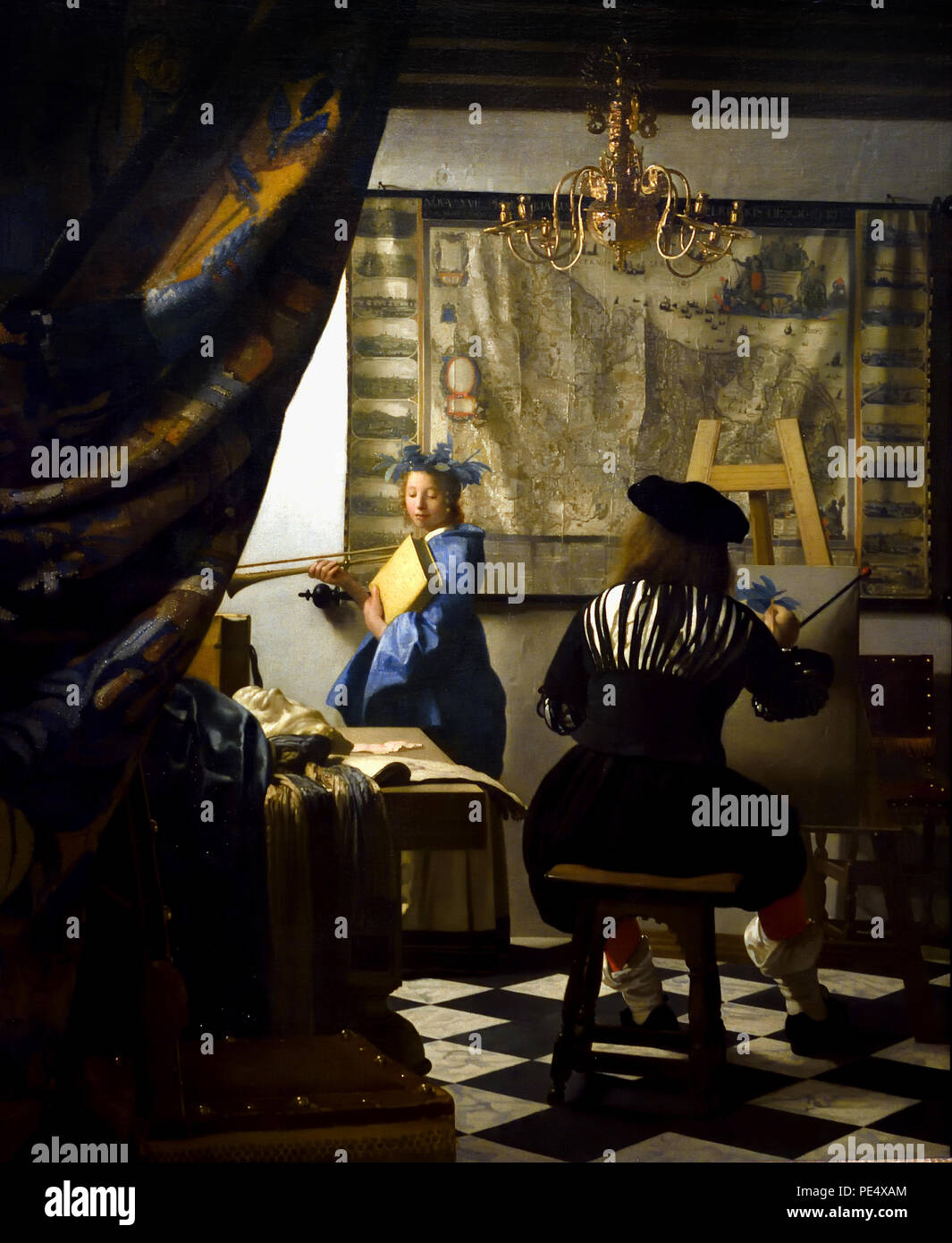 The Art of Painting, also known as The Allegory of Painting, or Painter in his Studio by Johannes Vermeer 1632 - 1675 The Netherlands, Dutch, ( The painting art With the representation of the painter in the studio Vermeer exaggerates the genre image to an allegory of painting. His model poses as Klio )  ( Dutch painter in the Golden Age,  one of the greatest painters,   17th century. preferred timeless, subdued moments, remains enigmatic,  inimitable colour scheme and bewildering light content) Stock Photo