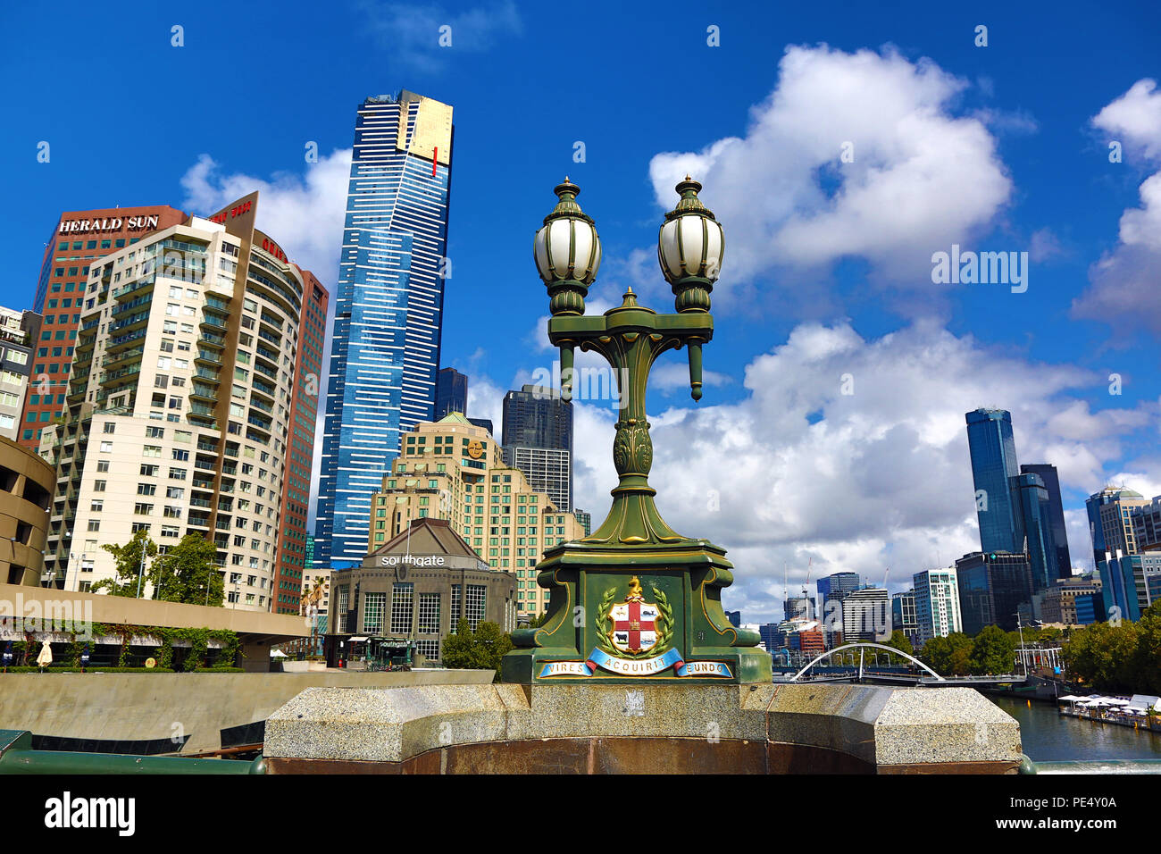 Skyline of the Southbank Promenade and lamps of the Princes Bridge, Melbourne, Victoria, Australia Stock Photo
