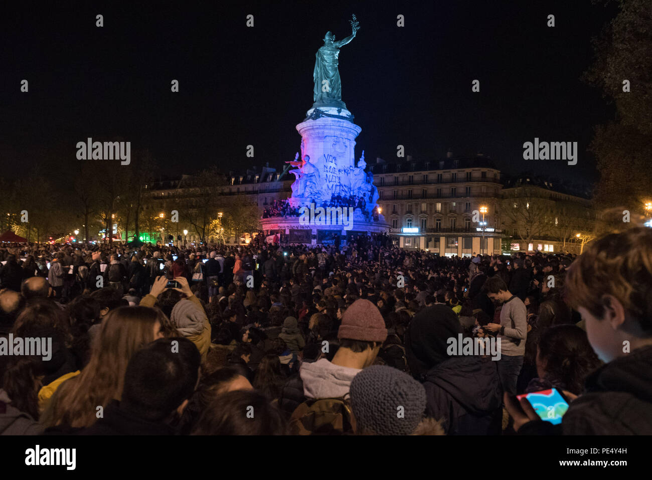Place de la Republique, Paris, France. 30th April 2016. Thousands of supporters and protesters gather in the Place de la Republique in the centre of P Stock Photo