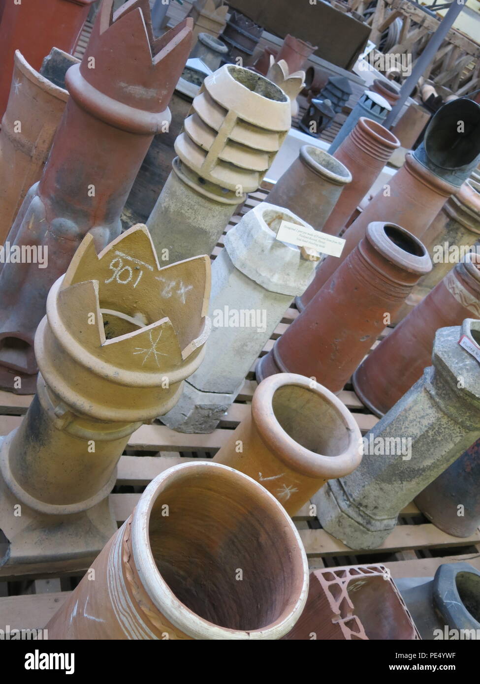Bursledon Brickworks Industrial Museum is Britain's only steam driven brickworks; photo shows the different chimney pots and ridge tiles produced Stock Photo