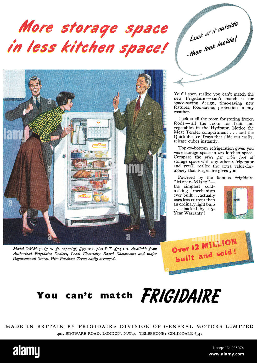 1951 British advertisement for Frigidaire refrigerators. Stock Photo