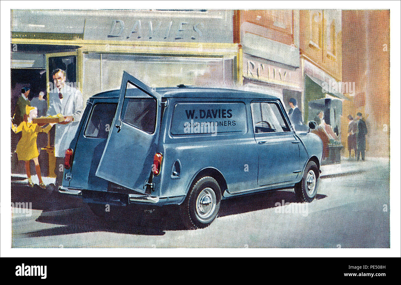 Vintage advertising postcard for the Austin Seven Mini Van. Stock Photo