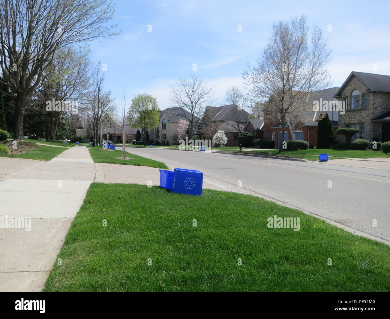 Recycling day garbage containers in front yards Stock Photo Alamy