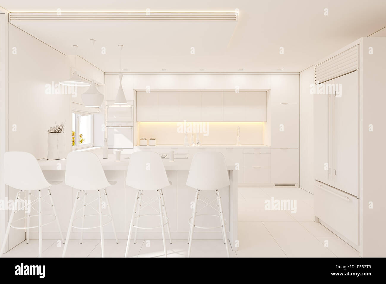 3d illustration kitchen interior design in white color  Stock Photo