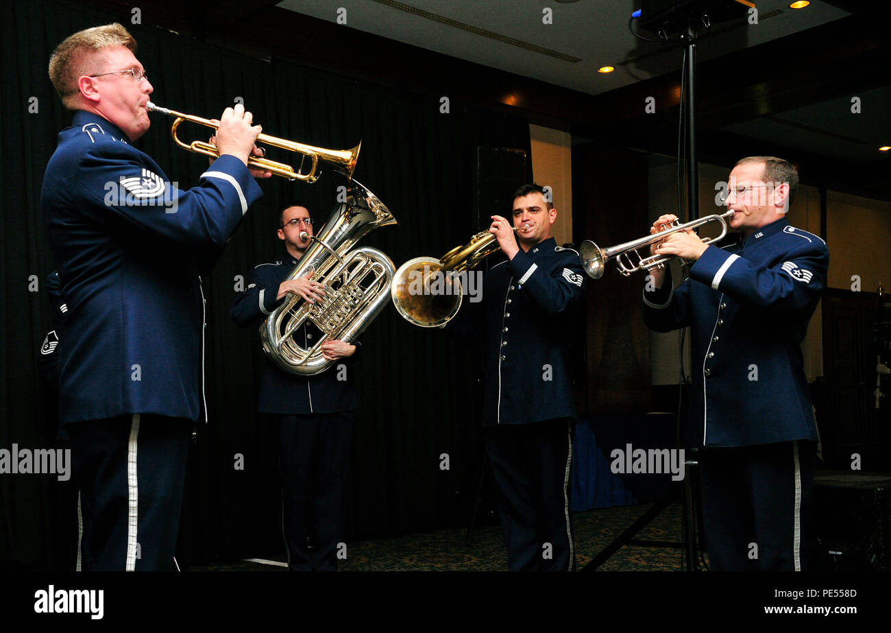The U.S. Air Forces in Europe Band performs “Ruffles and Flourishes” during the Air Force Ball Sept. 12, 2015, at Ramstein Air Base, Germany. Team Ramstein celebrated the Air Force’s 68th birthday by paying homage to the 25th anniversary of Operation Desert Storm. (U.S. Air Force photo/Airman 1st Class Larissa Greatwood) Stock Photo