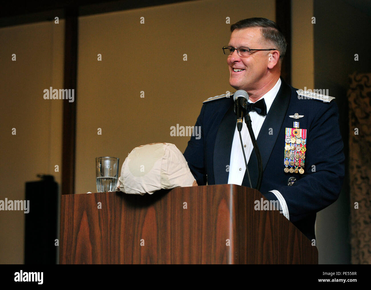 Gen. Frank Gorenc, U.S. Air Forces in Europe and Air Forces Africa commander, speaks at the Air Force Ball, Sept. 12, 2015, at Ramstein Air Base, Germany. Gorenc spoke about the Air Force’s accomplishments throughout its 68 years as well as the importance of being the world’s greatest Air Force. (U.S. Air Force photo/Airman 1st Class Larissa Greatwood) Stock Photo