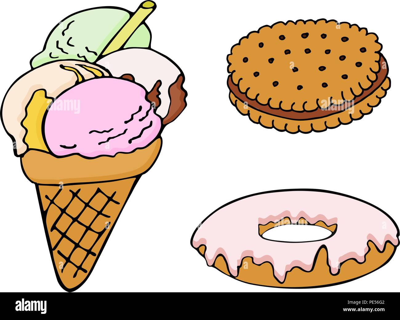 https://c8.alamy.com/comp/PE56G2/set-of-hand-drawn-donut-ice-cream-biscuit-raster-color-illustration-PE56G2.jpg
