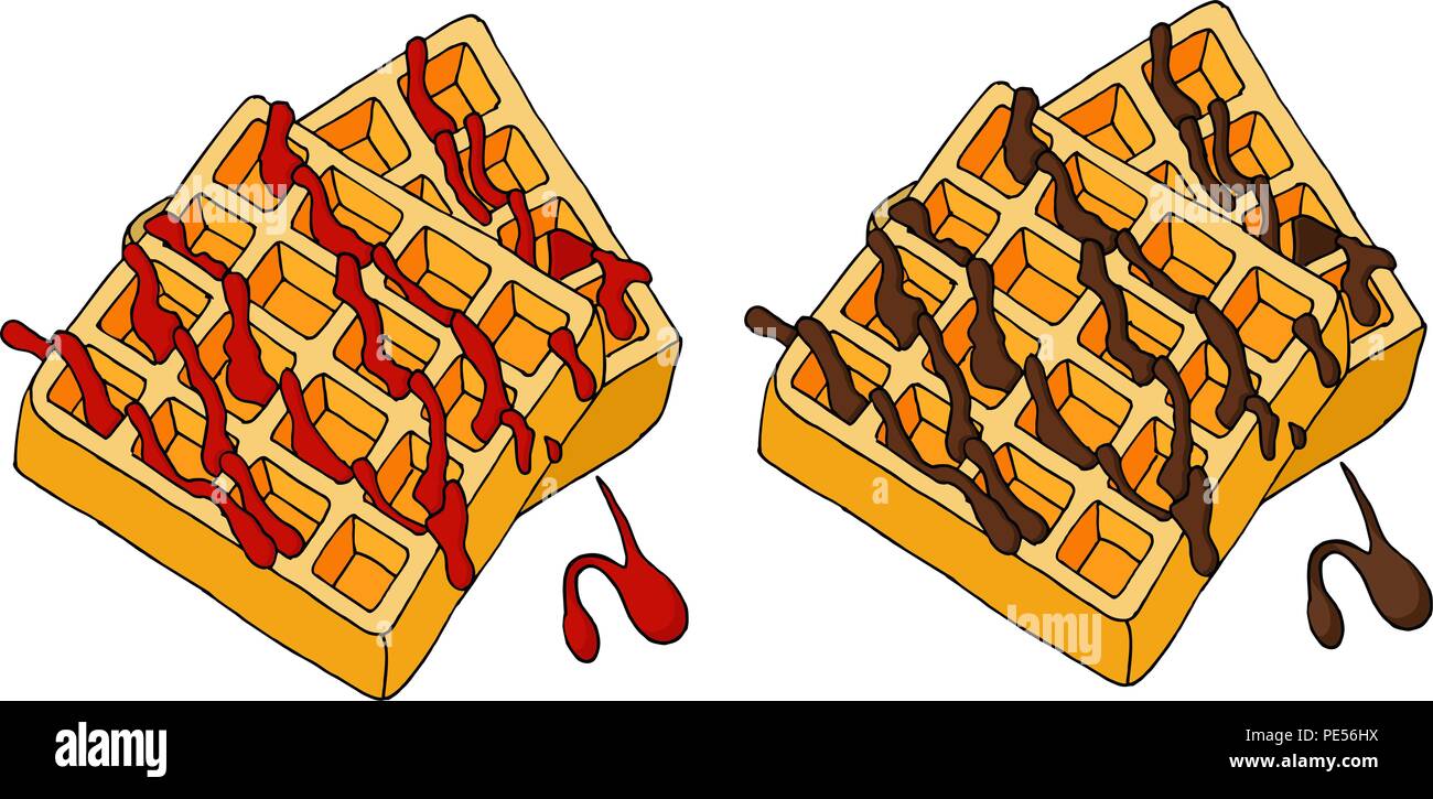 Waffles topped with berry syrup and chocolate. Raster illustration ...