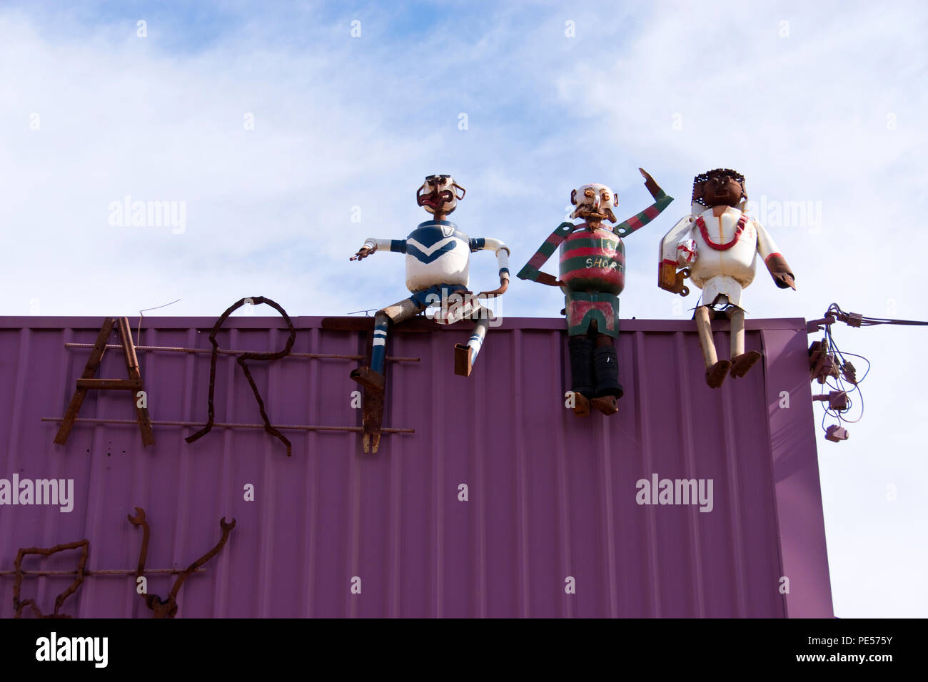 Sculptures made from recycled scrap metal on top of Wally’s junk art