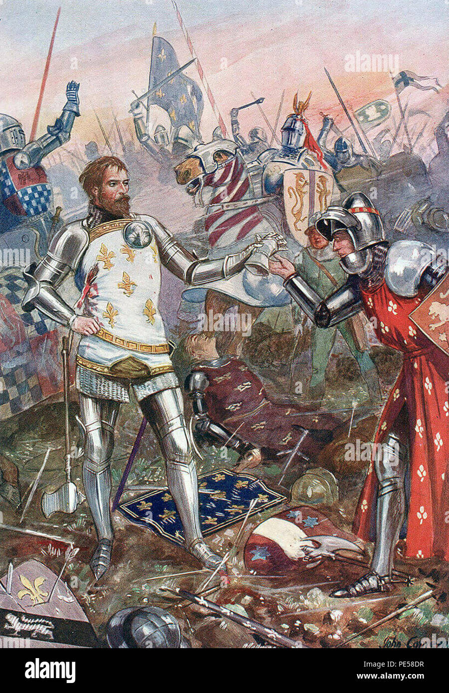 BATTLE OF POITIERS 19 September 1356 by English military artist Harry Payne about 1910. Edward, the Black Prince, is shown accepting the surrender of King John II of France Stock Photo