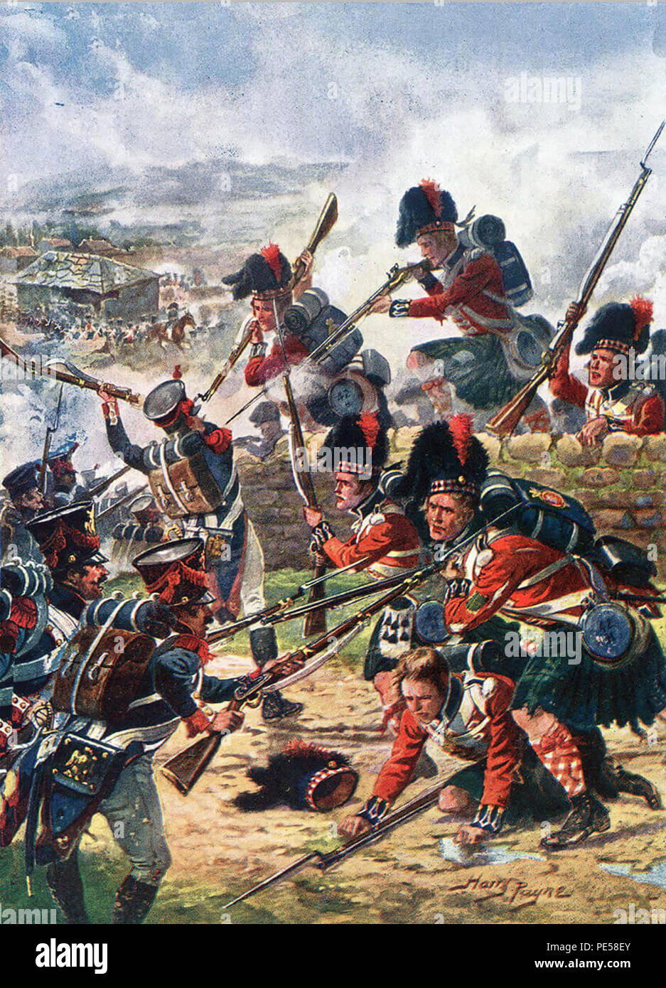 BATTLE OF CORUNNA 16 January 1809. The 42nd Highlanders the Black Watch fighting a rearguard action. By English war artist Harry Payne about 1912 Stock Photo