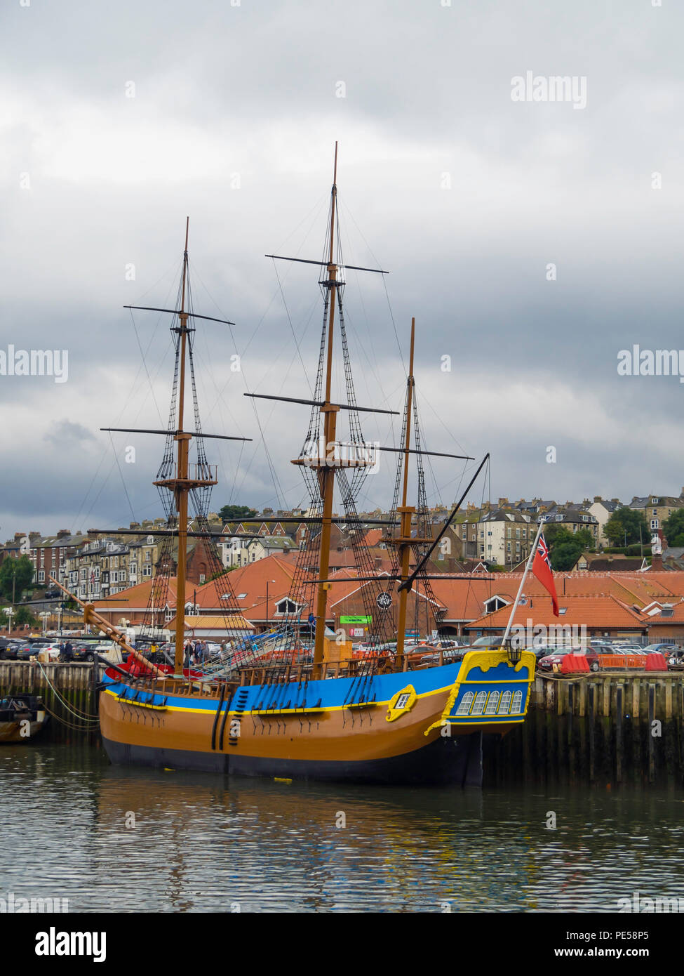 Full scale replica of Captain James Cook's ship Endeavour now opened as visitor attraction and exhibition moored at Endeavour Wharf  Whitby Stock Photo