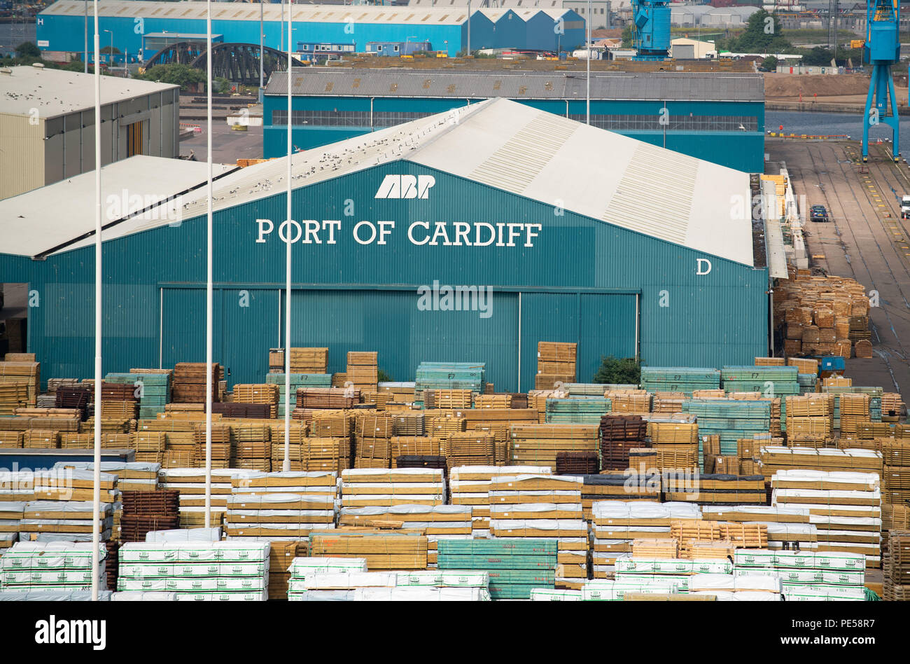Aerial view of the Port of Cardiff warehouse in Cardiff, Wales UK Stock