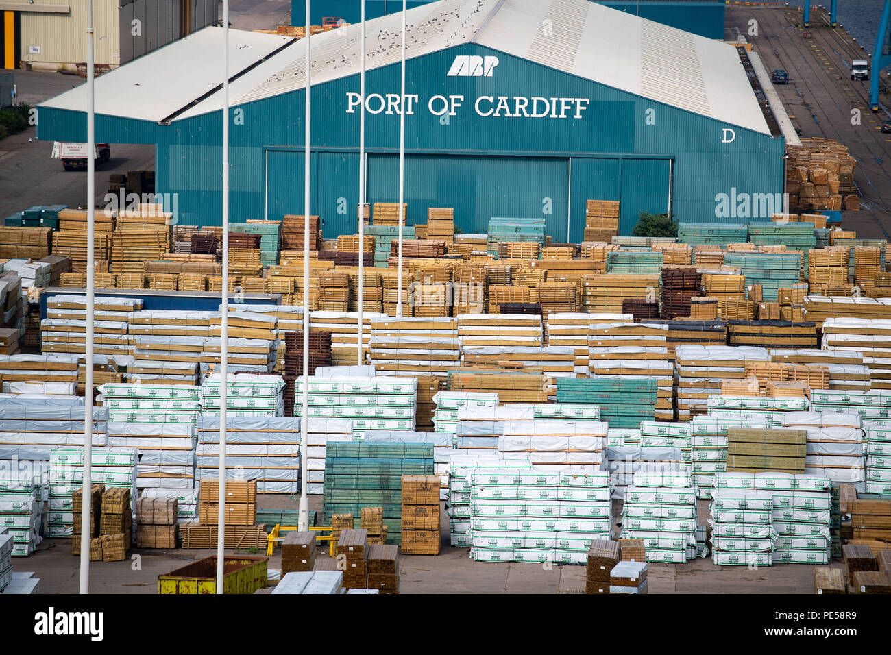 Aerial view of the Port of Cardiff warehouse in Cardiff, Wales UK Stock