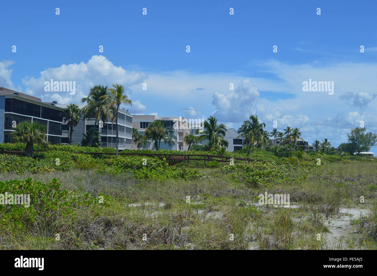 Waterfront Beach Resorts on The Tropical Sanibel Island Coastline. Stock Photo