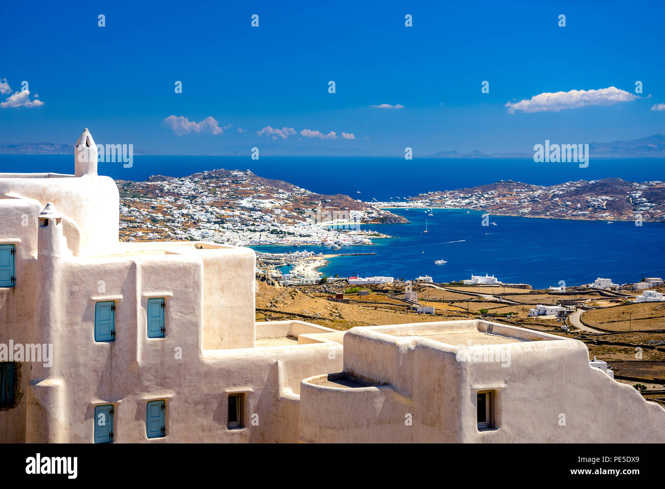 Mykonos port and cycladic style houses, Cyclades islands, Greece Stock Photo