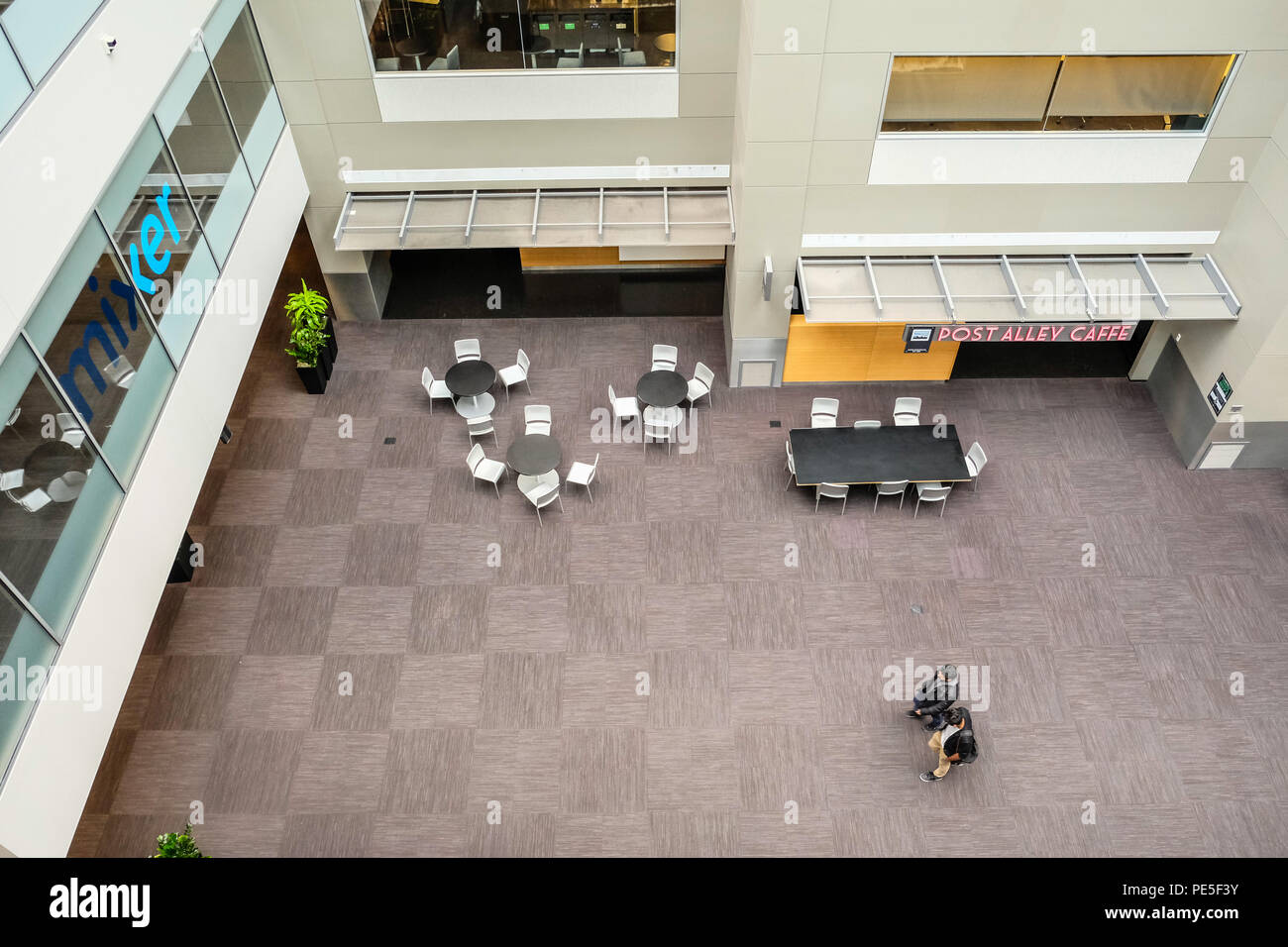 Birds eye view of tables and chair Inside the Microsoft Xbox office  building lobby Stock Photo - Alamy