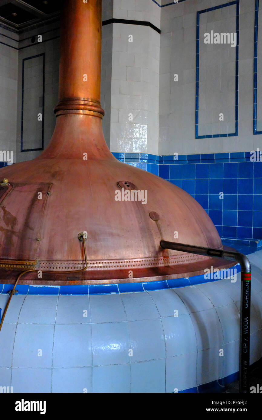 Brewing copper pot stills at the Tychy (Tyskie) Brewery in Poland, Europe. Stock Photo