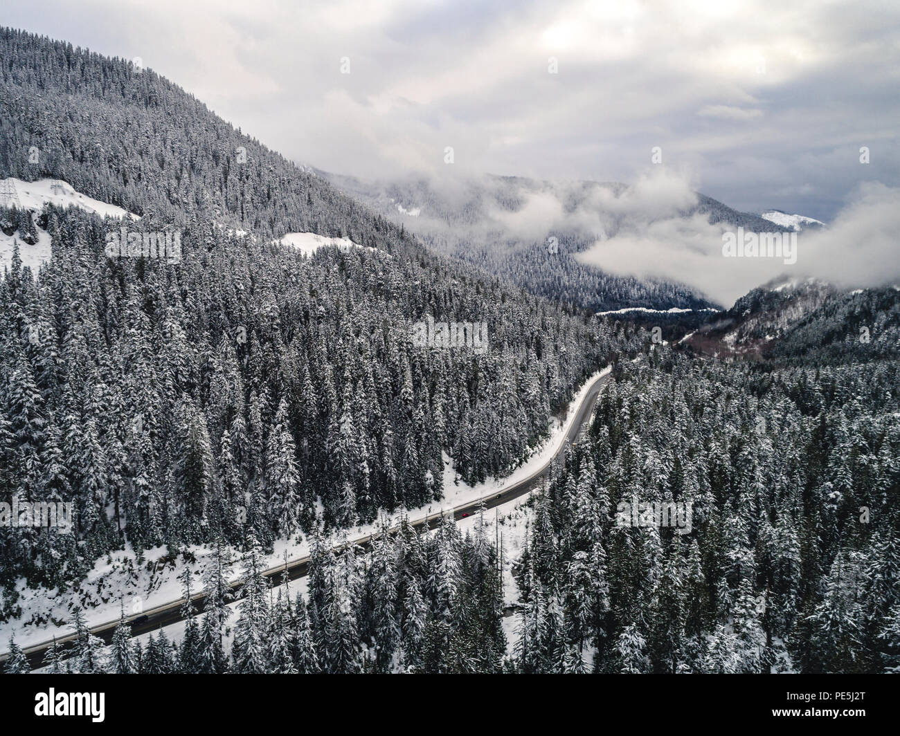 Pacific Northwest winter drone shot above Highway 2 Stock Photo Alamy
