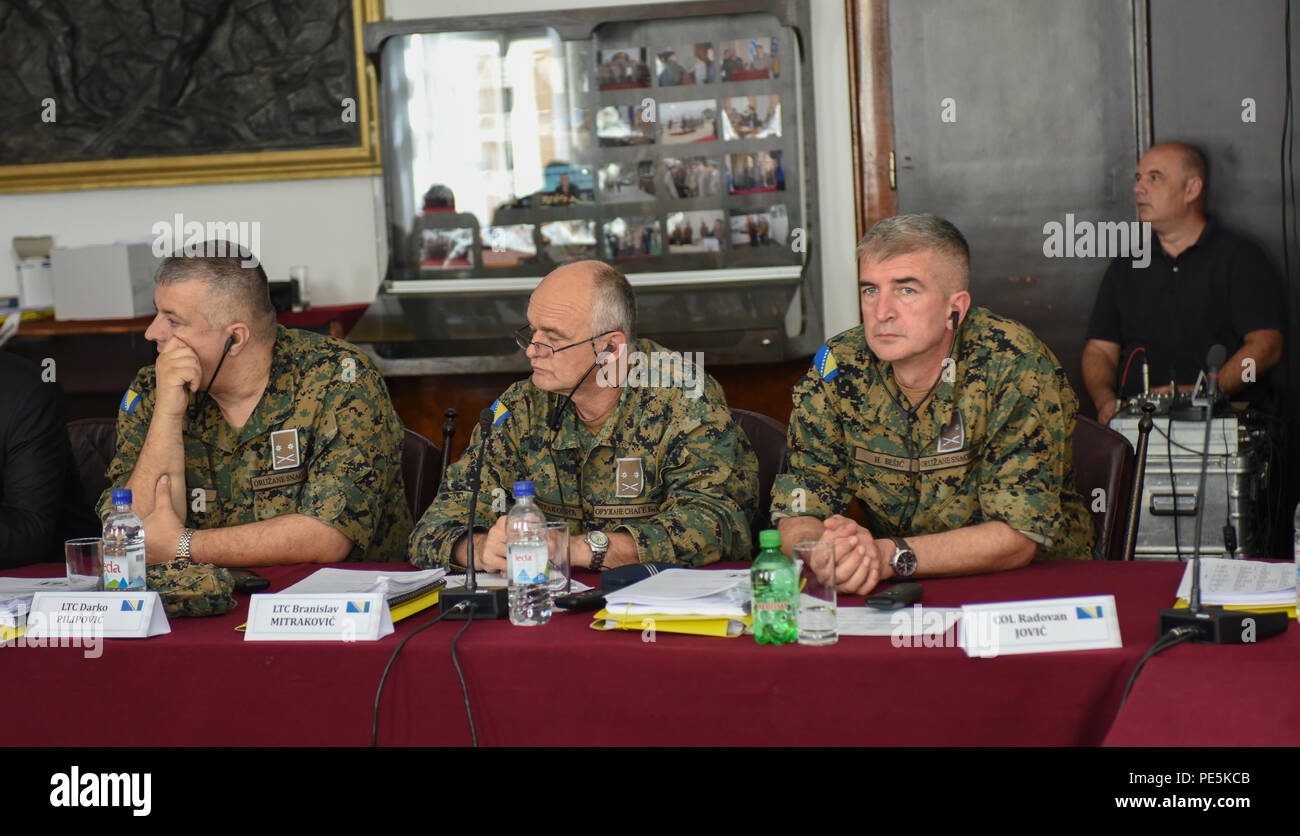 Armed Forces Bosnia and Herzegovina officers listen during the Managing Defense in the Wider Security Context Course Sept. 16, 2015, at the Army Hall in Sarajevo, Bosnia and Herzegovina. U.S. Army Brig. Gen. Giselle Wilz, NATO Headquarters Sarajevo commander, gave the briefing and she provided situational awareness and the NATO sight picture in the Balkans. After her briefing, she provided a 20-minute question-and-answer session. The course was hosted by the University of Cranfield, and sponsored by the United Kingdom. (U.S. Air Force photo by Master Sgt. JT May III) Stock Photo