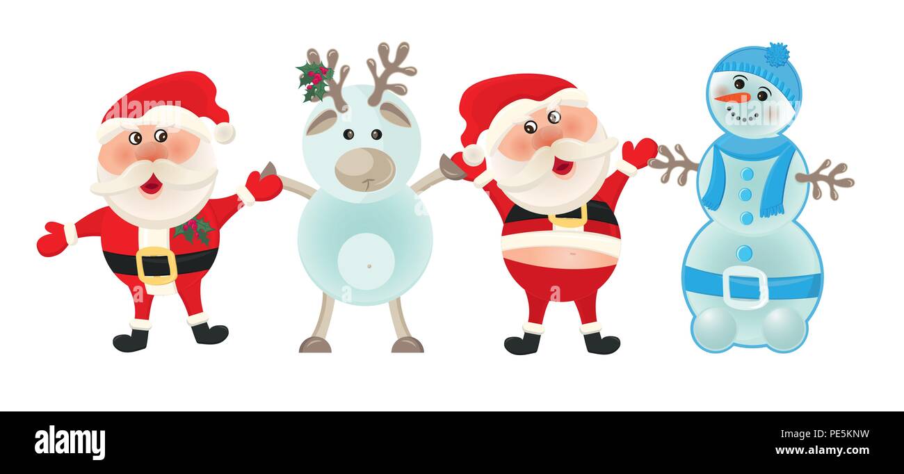 Santa Claus Snowman And Reindeer And Deer On White Background