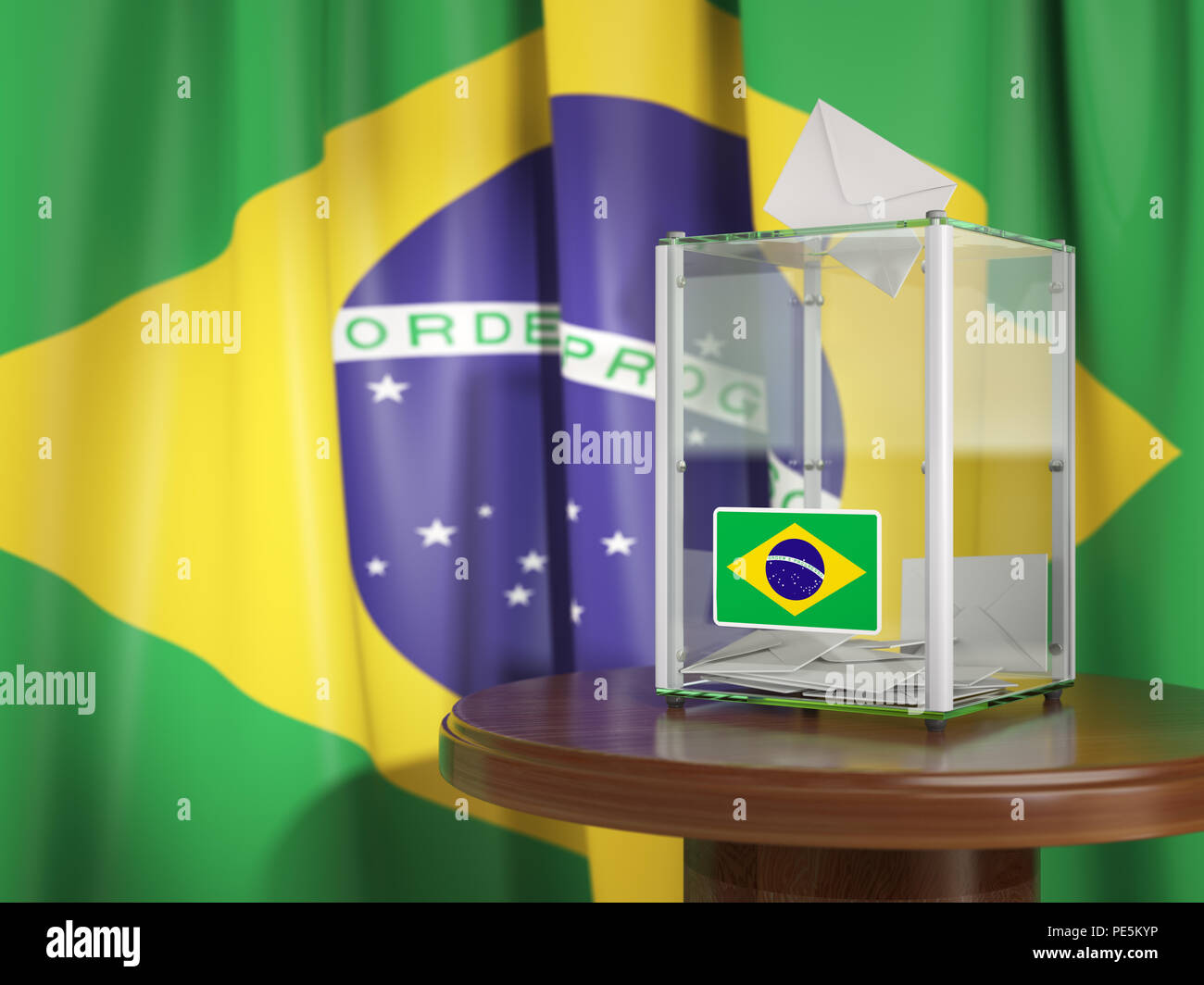 Ballot box with flag of Brazil and voting papers. Brazilian presidential or parliamentary election.  3d illustration Stock Photo