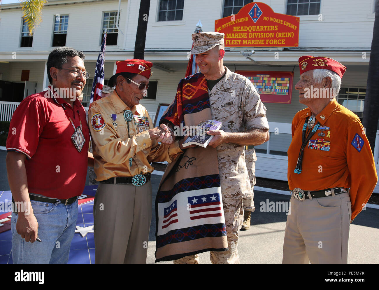 Marine Corps Base Camp Pendleton hosts a commemoration ceremony for the Navajo Code Talkers at 1st Marine Division Headquarters Sept. 28. Navajo Code Talkers Roy Hawthorne and Samuel T. Holiday were p...
