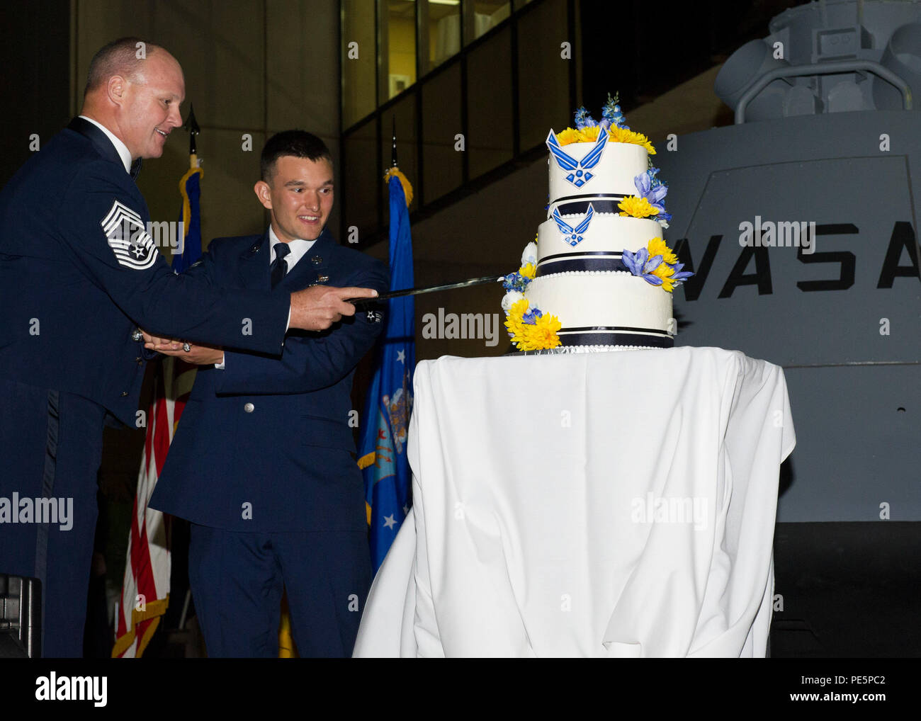 Chief Master Sgt. William Starling, the 49th Maintenance Group superintendent, and Airman 1st Class Benjamin Vetter cut the cake during the 68th Air Force Ball on Sept. 25. This year’s ball was held at the New Mexico Museum of Space History in Alamogordo, N.M., and included a presentation from the fifth chief master sergeant of the Air Force, Robert Gaylor. Stock Photo