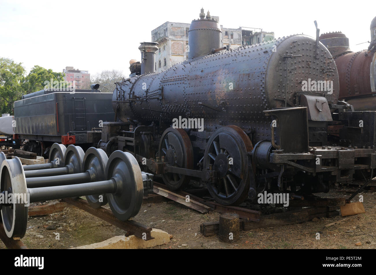Cuba: Old train components are being restored for the railway museum in Havanna-City behind the Capitolio Stock Photo