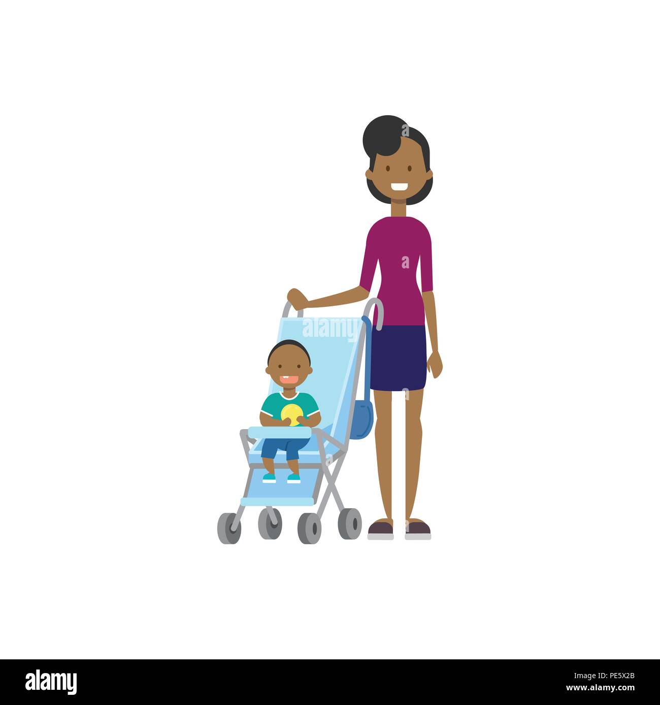 african mother baby son in stroller full length avatar on white background, successful family concept, flat cartoon Stock Vector