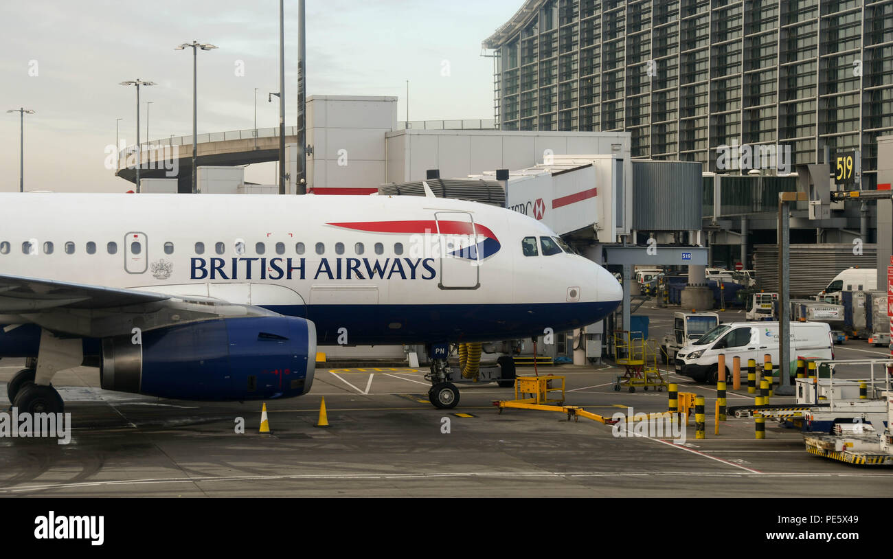 British Airways Airbus A319 short haul aircraft parked at terminal 5 at