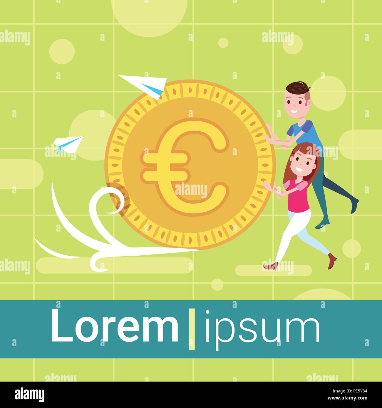 man girl character pushing euro coin template for design work and