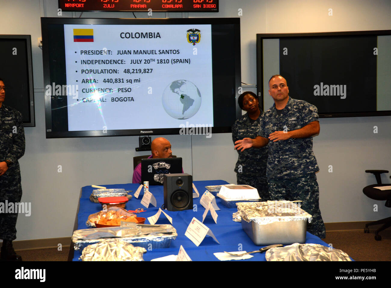 MAYPORT, Fla. (Oct 2, 2015)  FC1 Emanual Pachecho gives a speech about the history of Hispanic Heritage Month in America at U.S. Naval Forces Southern Command/ U.S. 4th Fleet's pot-luck celebration in honor of Hispanic Heritage Month. U.S. Naval Forces Southern Command/U.S. 4th Fleet is headquartered at Naval Station Mayport. Stock Photo