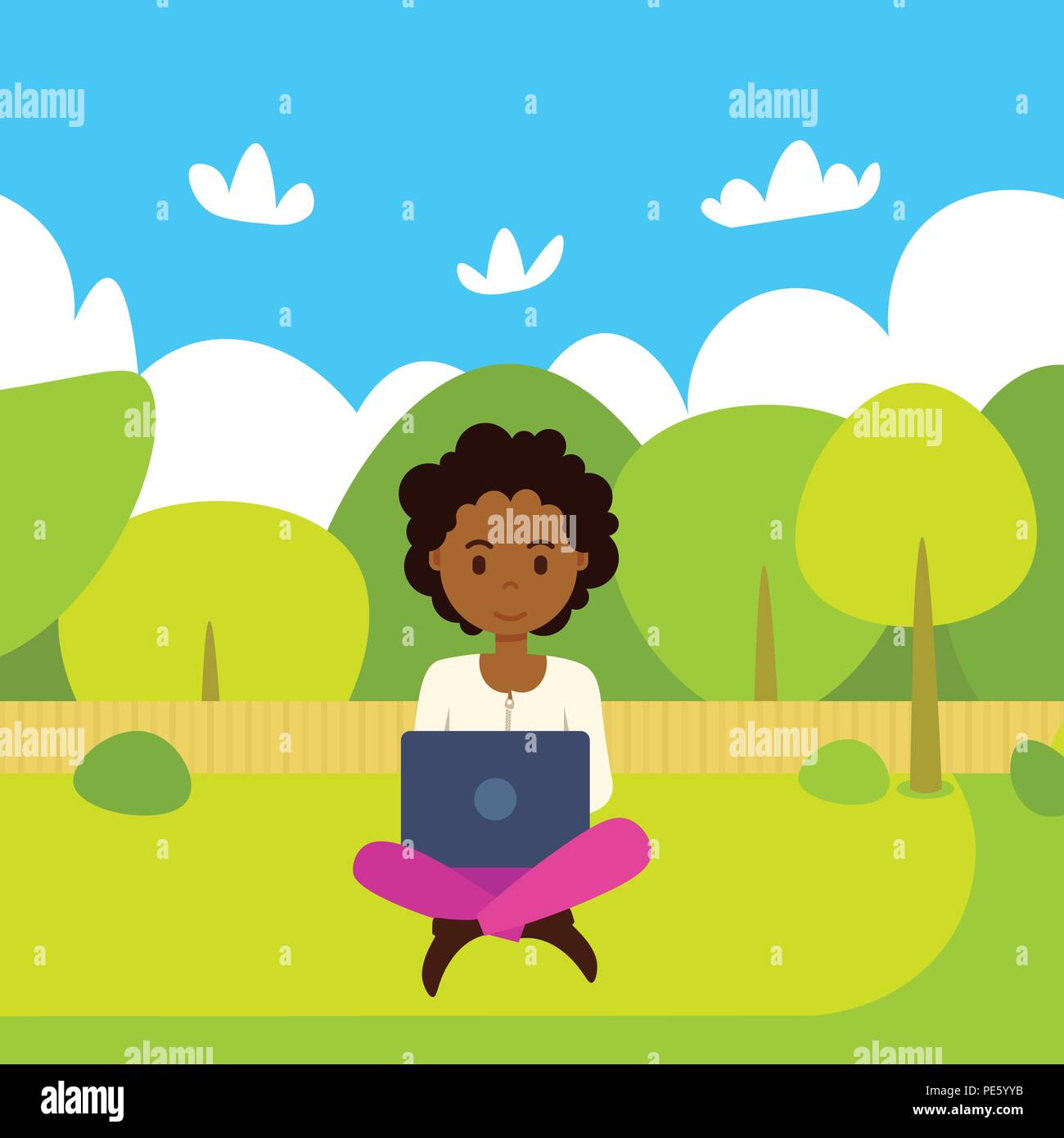 african american woman holding laptop working outdoors over green park landscape flat Stock Vector