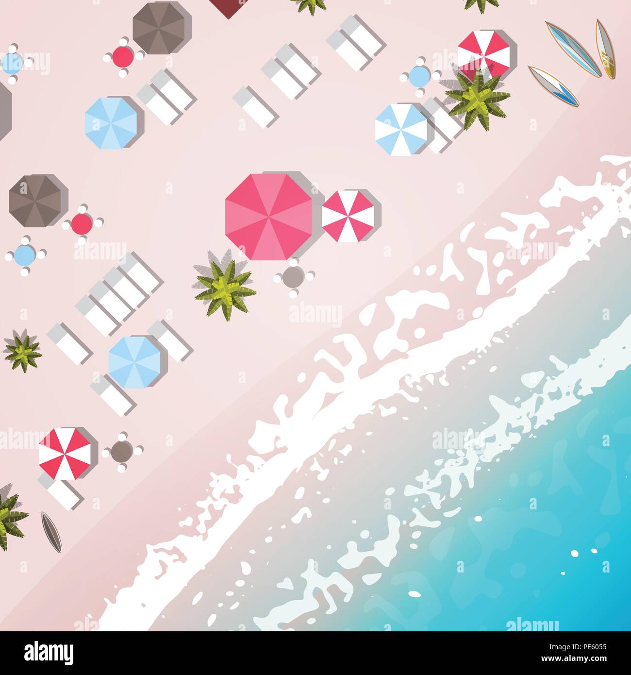 summer beach vacation top angle view sand colorful umbrella tropical beach holiday flat Stock Vector