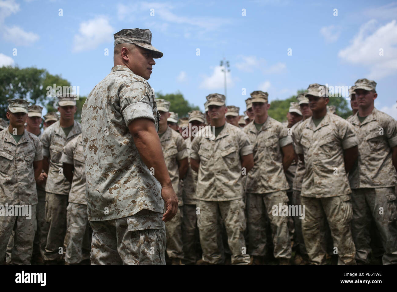 U.S. Marine Corps Sgt. Maj. Vincent Santiago addresses 1st Battalion