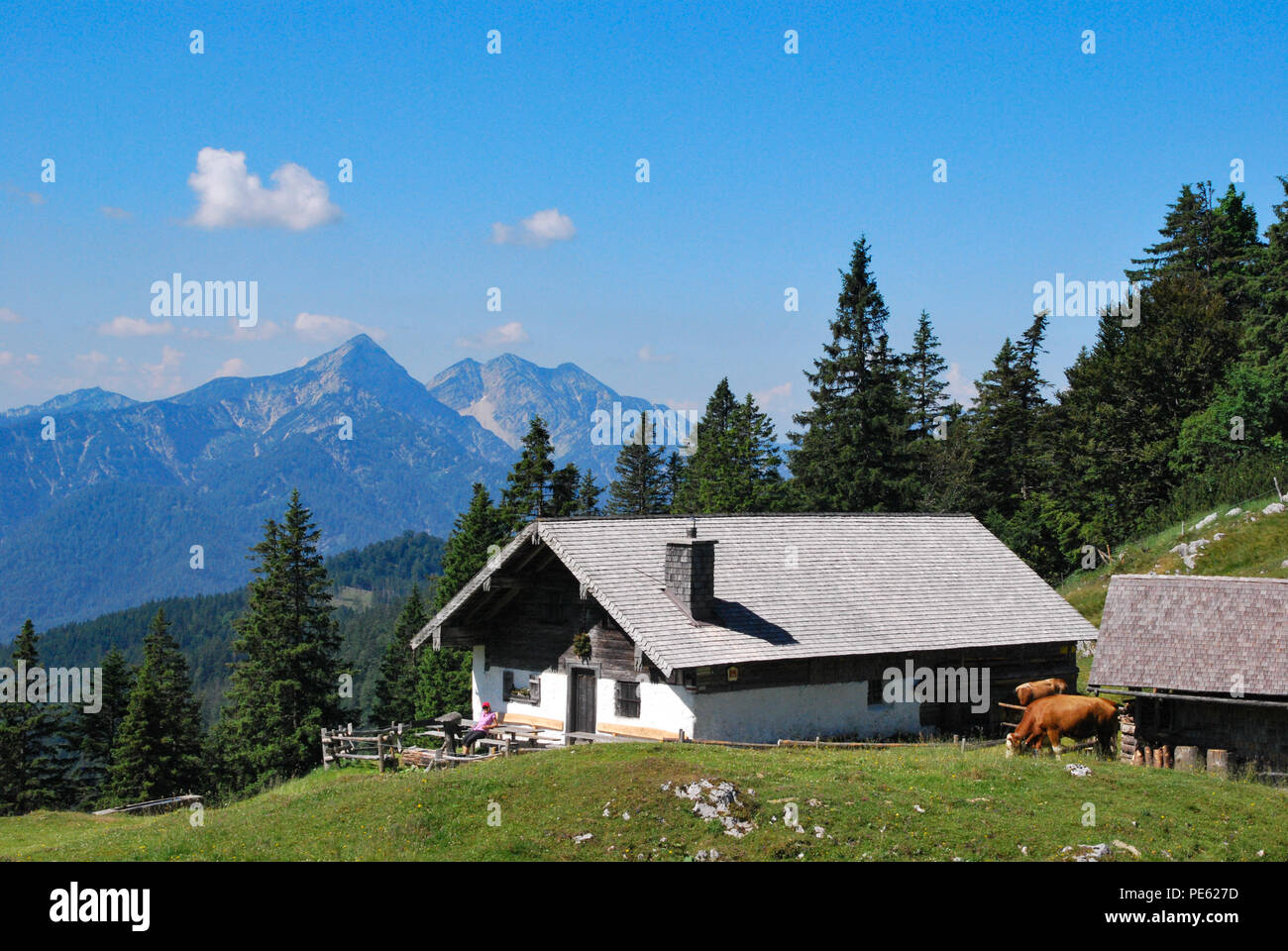 Kohler Alm mountain hut near Inzell, with Sonntagshorn at Chiemgau alps Stock Photo