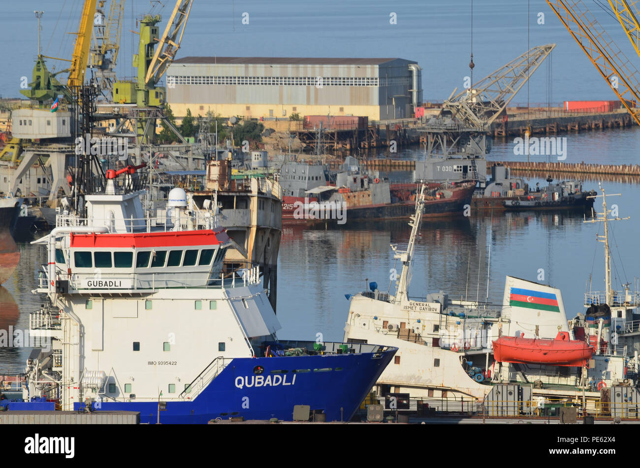 Offshore oil and gas industry vessels at Bibiheybat shipyard in metropolitan Baku (Azerbaijan), Caspian Sea Stock Photo