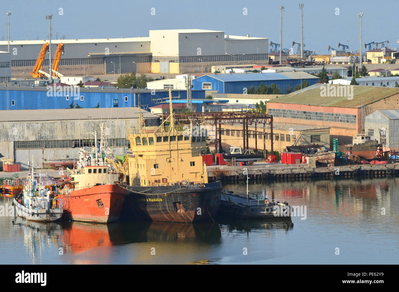 Offshore oil and gas industry vessels at Bibiheybat shipyard in metropolitan Baku (Azerbaijan), Caspian Sea Stock Photo