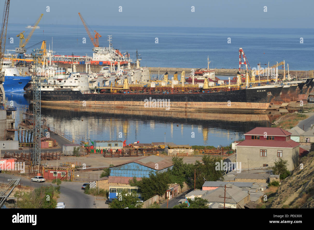 Offshore oil and gas industry vessels at Bibiheybat shipyard in metropolitan Baku (Azerbaijan), Caspian Sea Stock Photo