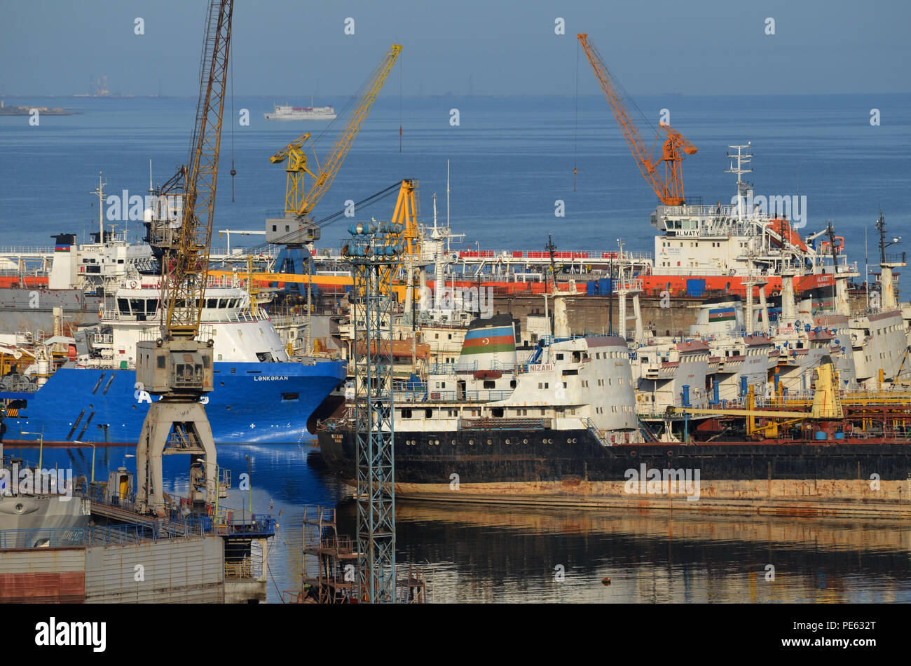 Offshore oil and gas industry vessels at Bibiheybat shipyard in metropolitan Baku (Azerbaijan), Caspian Sea Stock Photo