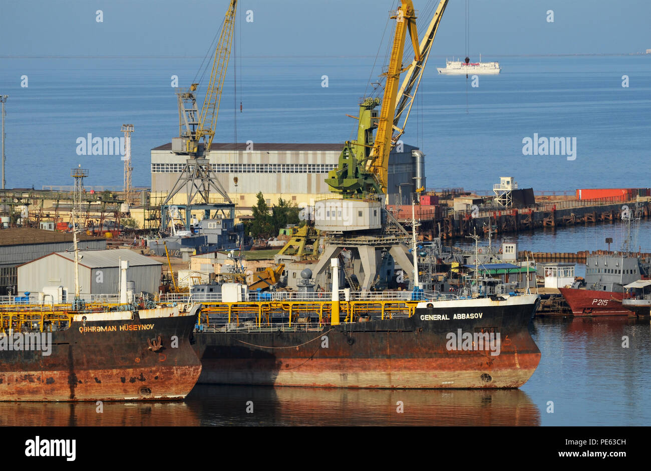 Offshore oil and gas industry vessels at Bibiheybat shipyard in metropolitan Baku (Azerbaijan), Caspian Sea Stock Photo