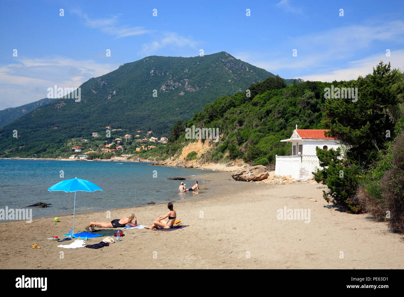 Small beach at St. Nikolaos Church, near Paramonas, Corfu, Greece, Europe Stock Photo