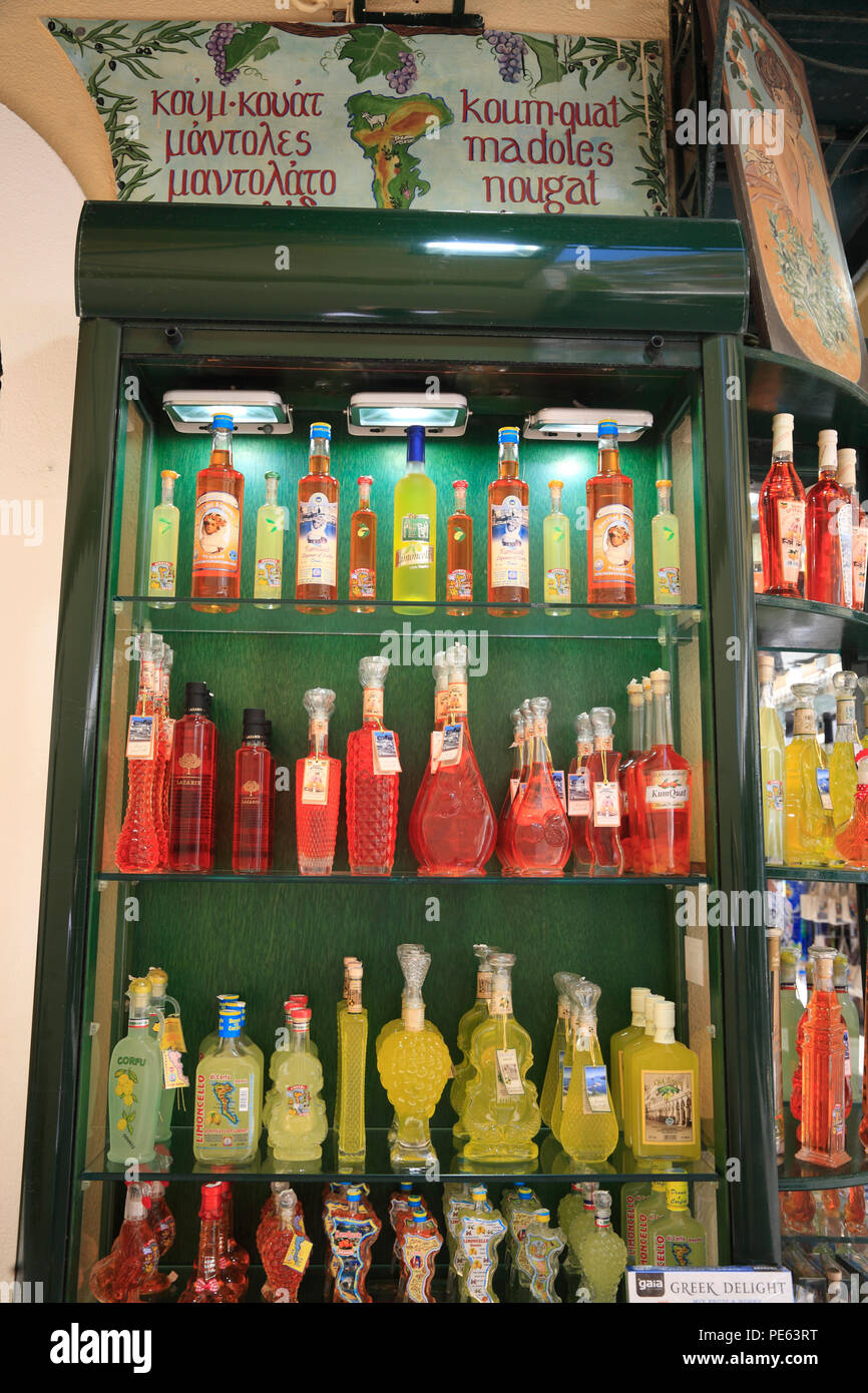 Koum Quat Liqueur, Souvenirs, Corfu town, Corfu, Greece, Europe Stock Photo