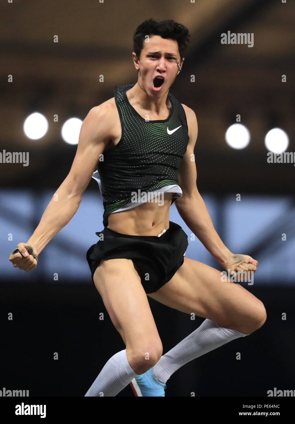 Berlin, Germany. 12th Aug, 2018. Athletics, European Championships in the Olympic Stadium: pole vault, men, final: Timur Morgunov from the neutral team of Russian athletes cheers. Credit: Kay Nietfeld/dpa/Alamy Live News Stock Photo