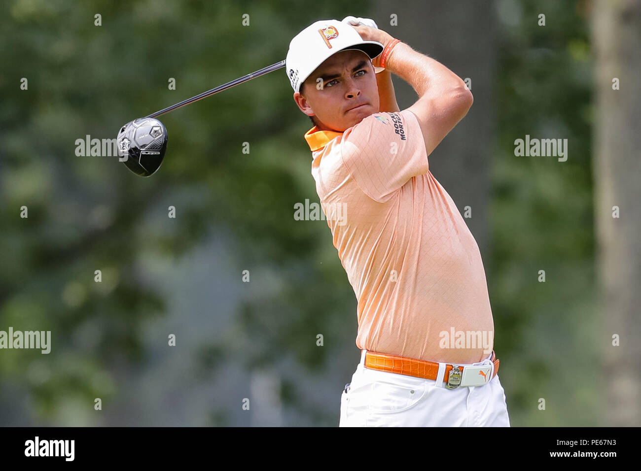 St Louis, MO, USA. 12th Aug, 2018. Rickie Fowler (USA) plays his shot from the fifth tee during the PGA Championship August 12, 2018, at Bellerive Country Club in St. Louis, MO. Credit: Action Plus Sports/Alamy Live News Stock Photo